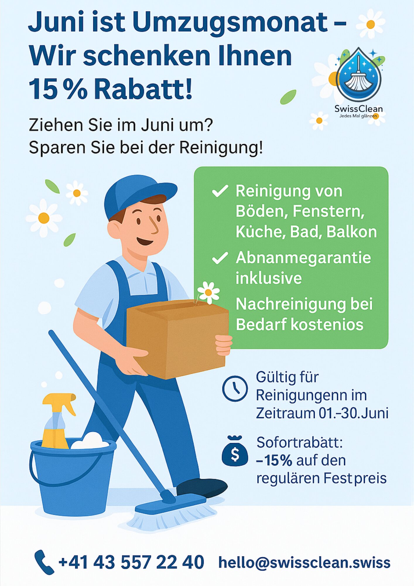 Aktion im Umzugsmonat Juni – stressfrei umziehen mit SwissClean!